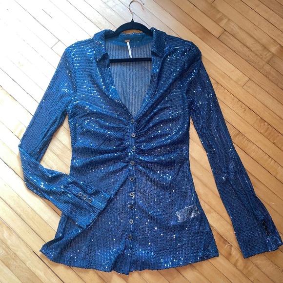 FREE PEOPLE Sequin Shirtee Varsity Navy Top Blouse Semi Sheer Boho Revolve - Picture 1 of 15